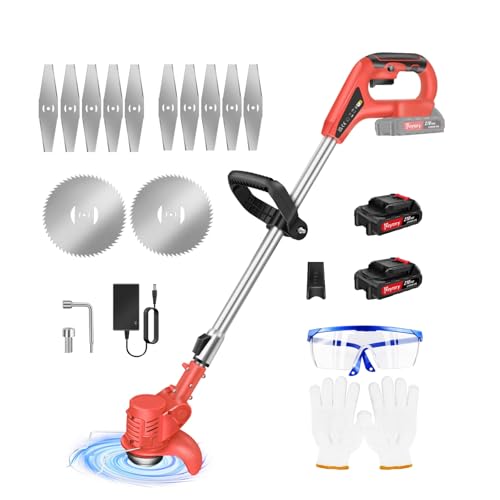 21V Coupe Bordure sans Fil avec Batterie, Coupe-Herbe électrique,Débroussailleuse à Gazon sans balais,Tête Orientable à 90°, Hauteur Réglable(2xbatteries /Rouge)