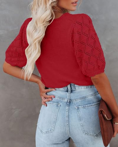 Image of Womens Short Sleeve Sweaters Crewneck Knit Pullover Tops 2025 Summer Casual Lightweight Crochet Blouse Shirt