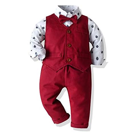 Joycebaby Toddler Baby Boy 3-Piece Tuxedos Suits Vest Shirt and Pants Formal Clothes Set(Red, 70/6-12 Months) Cover