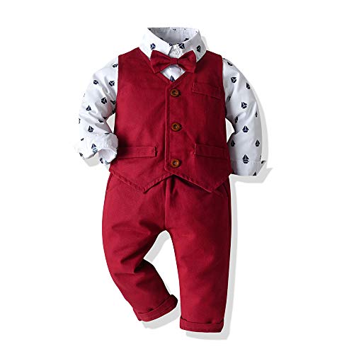 Tem Doger Little Boys Gentleman Outfit Suits Baby Boy Set Long Short Sleeves Shirt Bowtie Vest Suspender Pants Shorts (red, 100/3T)