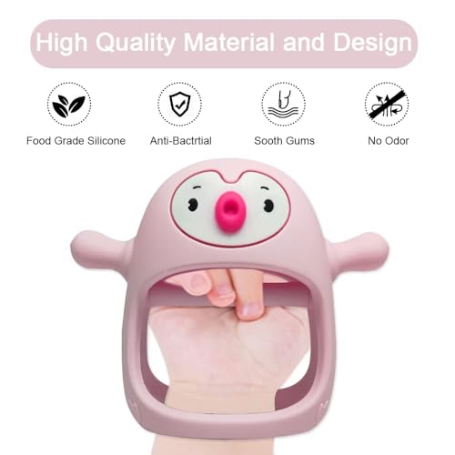 Image of Penguin Buddy Never Drop Silicone Baby Teething Toy for 0-6month nfants, Baby Chew Toys for Sucking Needs, Hand Teether for 3-6Months,Car Seat Toy for Infants, (Old Roze)