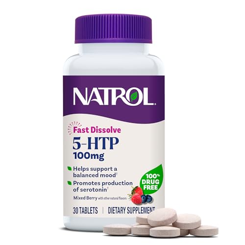 Natrol 5-HTP 100 mg, Fast Dissolve Supplement, Supports a Balanced Mood, Serotonin Production and General Well-Being, 30 Mixed Berry Tablets, Up to a 30 Day Supply