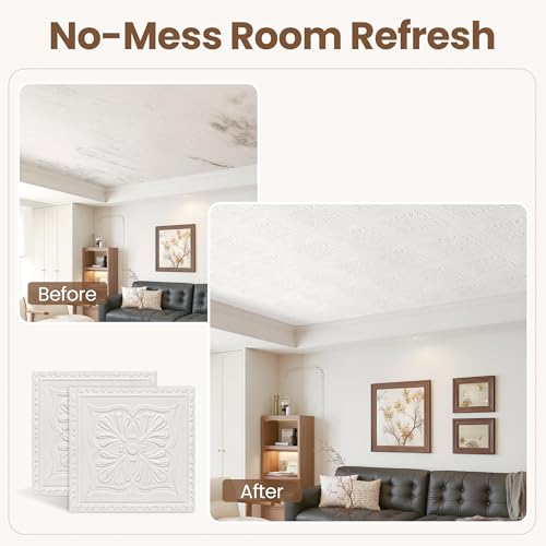 Ceiling Tiles Peel and Stick, 32 Pcs Ceiling Tiles Foam, Covered 42 Sq.Ft, Easy to Install and Cut for Ceil and Interior Wall Decor, Plain White（13.8 x 13.8 inch） - Thumbnail 4