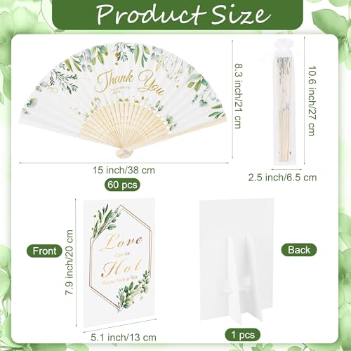 Aneco 60 Sets Green Leaves Wedding Folding Fans, Bamboo Handheld Folding Fans with Organza Bags Table Sign, Thank You Vintage Silk Handheld Fan for Bridal Shower Wedding Party Decorations
