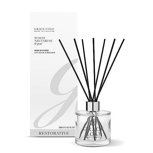 Grace Cole Difusor de Varillas de nectarina Blanca y Aceite de Pera, Botella de Vidrio con 7 lengüetas, Fabricado en Inglaterra