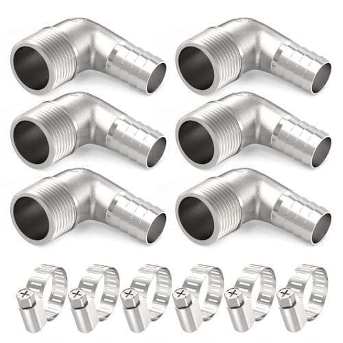 ChillWaves 304 Stainless Steel Air Hose Fittings, 90 Degree Elbow Hose Barb Fittings 1/2" Barb x 3/8" NPT Male Thread Adapter with Hose Clamps(6-PACK)