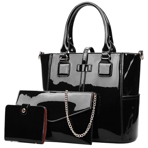 Sac cabas pour femmes en cuir PU verni avec pochettes