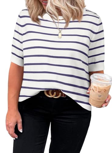Image of Eytino Women Plus Size Sweater Tops Short Sleeve Crewneck Striped Tshirts Casual Summer Blouses Shirts(1X-5X)