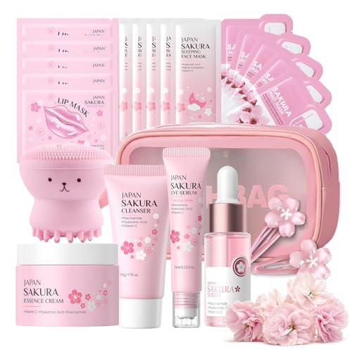 Sakura Beauty Gift Sets, Sakura Skin Care Set Teenager Girls Gifts, Skincare Set with Serum, Face Cream, Cleanser, Eye Serum, Hairpins, Pflegeset für Teenager-Mädchen, 23 Piece
