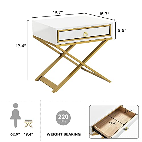 DWVO Modern White Nightstand with Drawer Solid Wood Small Bedside Table Gold Metal Frame Fully Assembled End Table for Living Room Bedroom