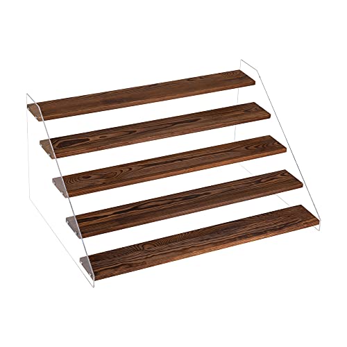 PACKGILO 1 PACK Extra Large 5 Steps Display Shelf Stand 24*17*12 inches Clear Acrylic Riser Shelves Wood Acrylic Storage for Figure Collection Cupcake Desserts Holder Cologne Organizer for Men (Brown)