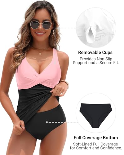Image of Yonique Plus Size Tankini Swimsuits for Women Blouson Tankini Tops with Swim Shorts Two Piece Bathing Suits