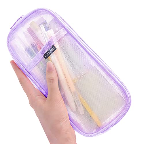 Sonuimy Clear Mesh Pencil Case Pouch, Clearly Visible Grid Pen Cases Organizer For Adult, Zipper Transparent Stationary Makeup Bag For Travel Office College-Purple #TOP30