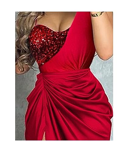 Image of xxxiticat Women's Ruched Midi Dress Sleeveless Spaghetti Straps One Shoulder Asymmetric High Split Slip Party Dress