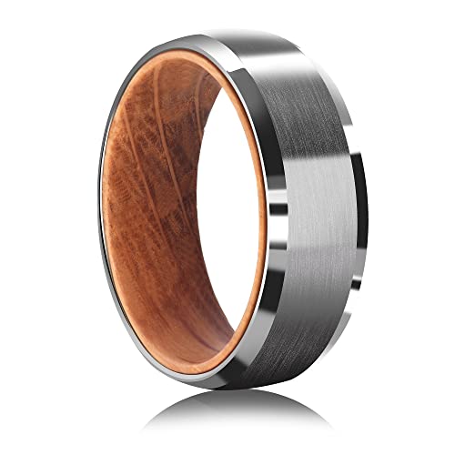 Tungsten Rings for Men Womens 8mm Black Silver Fashion Promise Wedding Band JEWPER Carbide Inner Hole Inlaid Whiskey Barrel Wood Chamfer Frosted Matte Finish Edge Comfort Fit size 7-12 (bright silver, 9)