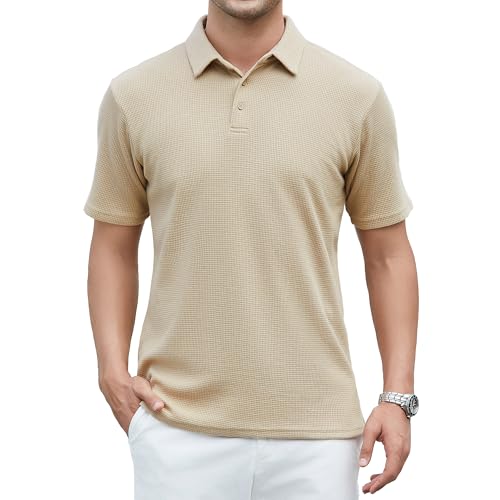 WARHORSEE Golf Polo Shirts for Men Short Sleeve Wrinkle Free 4 Way Stretch Moisture Wicking Performance Collared Tshirts,Z Apricot,L