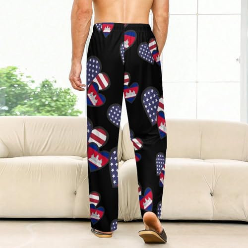Interlocking Hearts U.S.A. Cambodia Flag Womens Mens Pajama Pants Lounge Sleep PJ Bottoms with Pockets2