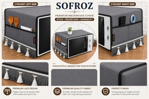 Image of Microwave Oven Cover for Durable, Waterproof and Dustproof Kitchen Protector with 4 Side Storage Pockets for Kitchen Accessories (100 x 35 cm) (Grey Lace)