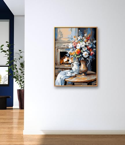 Image of Leczany Cross Stitch Stamped Kit for Beginner - Fireplace and Flowers | DIY Embroidery Starter Patterns Craft Kit Needlepoint for Adults | 11CT, 3 Strands | 13x17.7 inches