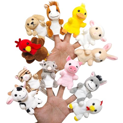 JUSTQUNSEEN 12Pcs Finger Puppet Set, Realistic Plush Animal Finger Puppet Role-Playing Story Finger Puppet Farm Animal Theme Soft Plush Toy for Kids