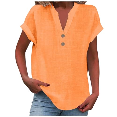 Generisch Blusa de mujer de manga corta a rayas, cuello en V, camisas a rayas, tops de verano, informal, con botones, Camiseta E3-naranja, M