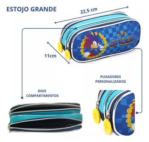 Kit Mochila Escolar Infantil Speed Sonic Com Rodinhas com Lancheira Térmica e Estojo Duplo
