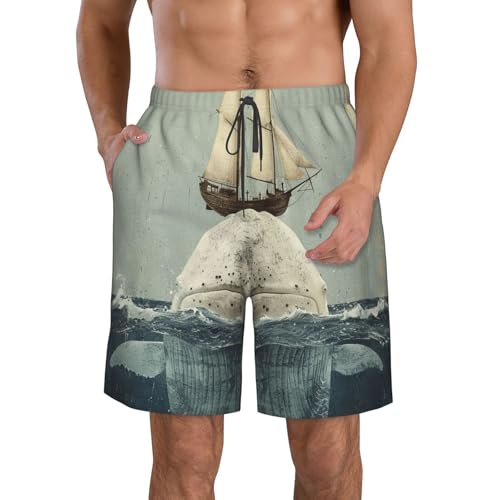 Men's Quick Dry Swim Shorts White Whale Ocean Old Sailing Vintage Beach Trunks with Pockets