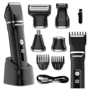 KRUMAD Haarschneidemaschine 6-in-1 IPX7 – Barttrimmer Herren, Elektrorasierer & Nasenhaartrimmer mit LED-Display – 1,5h Schnellladung/120 Min Laufzeit, 3/6/9/12 mm Aufsteckkämme – Bodygroom
