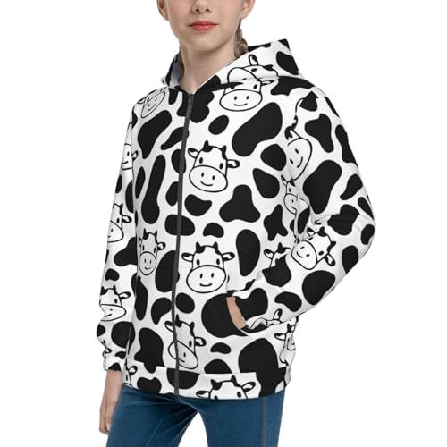 Cow Print Kids Pullover Hoodies Boys Zip Up Sweatshirts Girls Athletic Clothes with Pocket