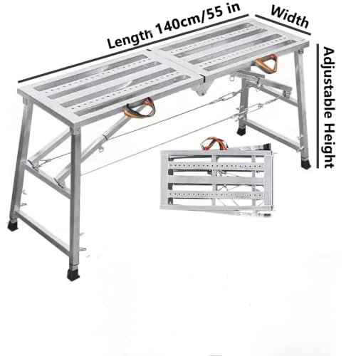 Image of Portable Folding Scaffold Work Platform, Height Adjustable Carbon Steel Step Bench, 400KG Load Capacity, Multifunctional Ladder Stool for Car Washing Painting RV Cleaning (140cm)