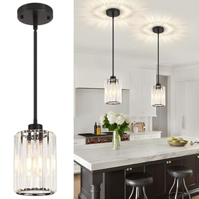 ZSMIHDOH 2 Pack Crystal Pendant Lights Kitchen Island, Modern Black Mini Pendant Light Fixture Chandelier Kitchen Ceiling Light Fixture Hanging Lighting, Dining Room Light Fixture