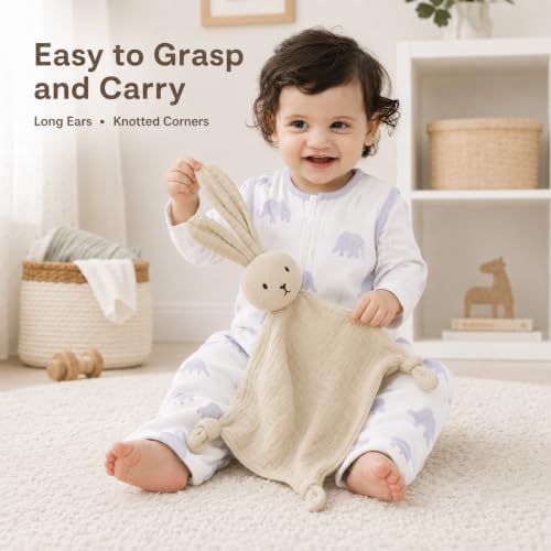 Image of ZIGJOY Muslin Bunny Lovey, Lightweight Cotton Security Blanket, Khaki | Soft, lightweight and easy for little hands to grasp, cuddle and carry at home or on the go.