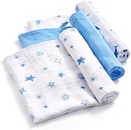 DaysU Muslin Swaddle Blankets for Newborn Babies, Breathable Cotton Baby Muslin Blankets for Boys, Large 47”x47”, Set of 3 - Blue/Dolphin/Star