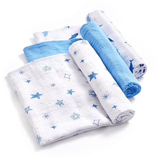 Daysu Muslin Swaddle Blankets For Newborn Babies, Breathable Cotton Baby Muslin Blankets For Boys, Large 47”X47”, Set Of 3 - Blue/Dolphin/Star #TOP22