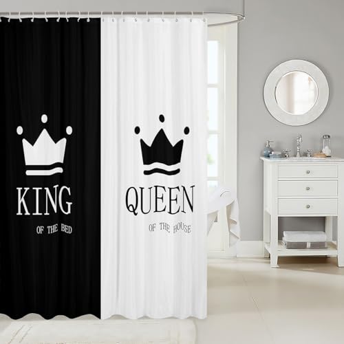 Image of Crown Queen and King Cloth Fabric Bathroom Decor His and Hers Matching Couple Bath Curtain Lover Romantic Valentine's Day Presents Shower Curtain Black and White Shower Curtain with Hooks 72x72 Inch
