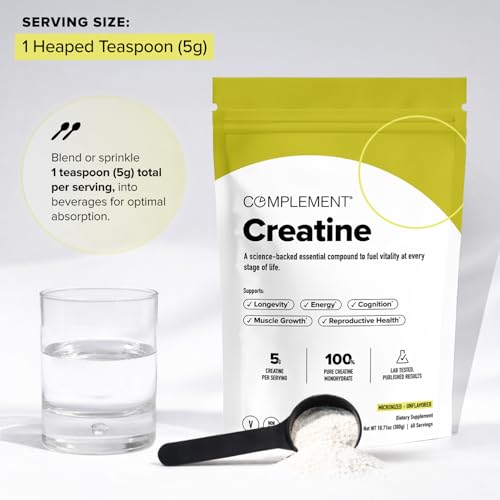 Image of Complement Creatine Monohydrate Micronized Powder - Pre-Workout, Post-Workout, Muscle Recovery, Brain Health, Longevity, Energy Supplements for Women and Men - Vegan, Unflavored (5g, 60 Servings)