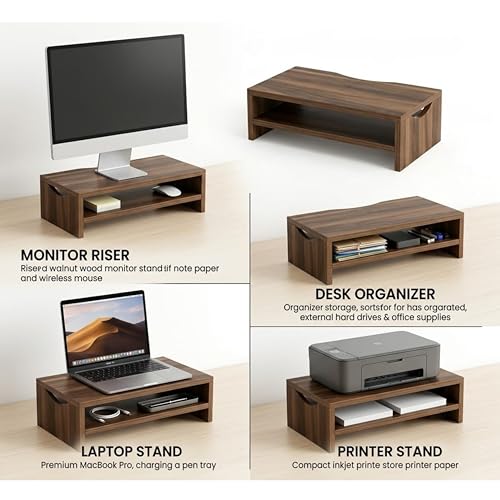Image of Home Sparkle Monitor Stand Riser, 2 Tiers Laptop Computer Monitor Riser for PC Screen, iMac, Desktop Wooden Screen Monitor Stand Riser with Storage Organizer for Home Office