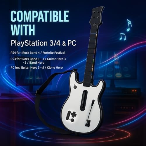 Image of Lyvix Wireless Guitar Hero Controller with RGB Lighting, Compatible with PS4 /PS3 /PC, Supports Guitar Hero 3 /4 /5, Rock Band 1 /2, Clone Hero, Fortnite Festival, Lightning Strap & Audio Jack - White Lightning