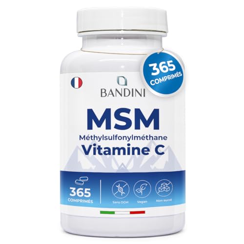 Bandini® MSM 365 Comprimés + Vitamine C | 2000mg de Méthylsulfonylméthane (Soufre Pur MSM) par Dose Quotidienne | Poudre pour Articulations, Cheveux, Os, Peau & Système Immunitaire | 100% Vegan