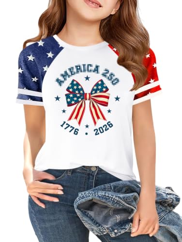 Image of CAZYCHILD Girls 4th of July USA Shirt American Flag Patriotic T-Shirt Independence Day Outfit for Kids 5-14Years