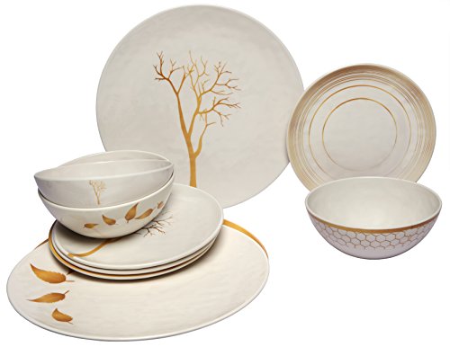 Melange 12-Piece 100% Melamine Dinnerware Set (Gold Nature Collection ) | Shatter-Proof and Chip-Resistant Melamine Plates and Bowls | Dinner Plate, Salad Plate & Soup Bowl (4 Each)
