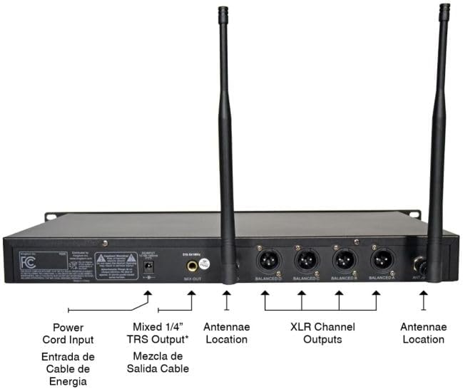 Rear panel of the Kingdom V5 receiver showing power input, 1/4 inch output, XLR channel outputs, and antenna connections