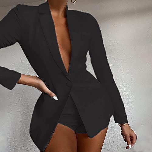 Womens Blazer Set Fashion Sexy Turndown Collar Button Suits Casual Long Sleeve Solid Color Slim Office Suit Jacket Black Large2