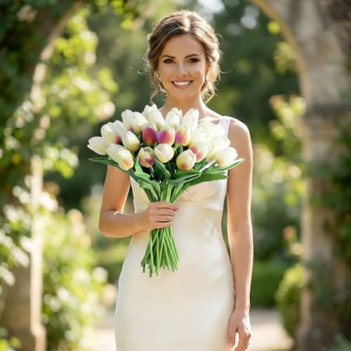 Image of 20Pcs Stems 13.5 Inch White Purple PU Artificial Moisturizing Tulips, Faux White Purple Tulips Flowers for Thanksgiving Christmas Decorations Wedding Home Table Vase Floral Arrangements