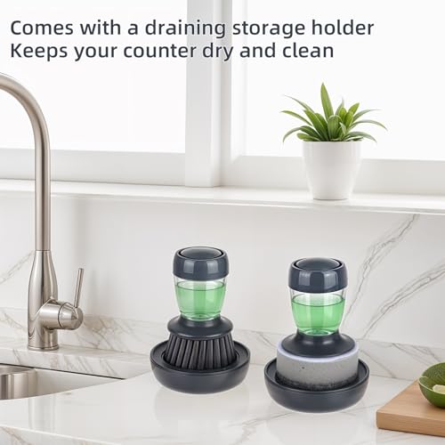 Image of Dish Brush with Soap Dispenser, Kitchen Scrub Brush for Dishes Pots Pans Sink Cleaning, Dish Scrubber with Holder Set (2-Pack Combo Set)