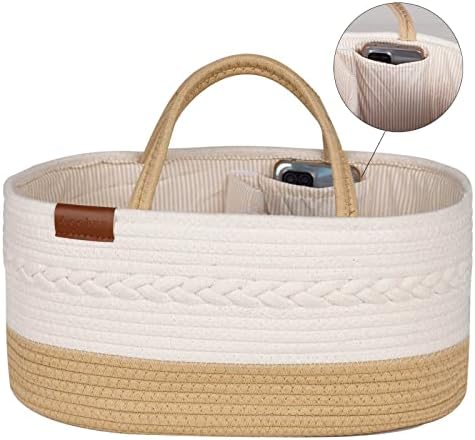 Aoohun Baby Nappy Caddy Organiser, Portable Cotton Rope Baby Storage Basket, Removable Compartment-Gift for Newborn (Khaki)