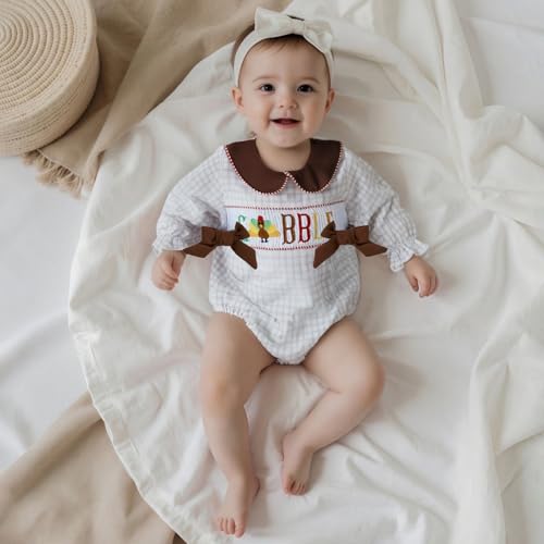 Newborn Infant Baby Girl Thanksgiving Outfit Turkey Embroidery Long Sleeve Smocked Bubble Romper Plaid Bodysuit4