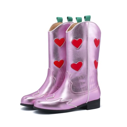 Kids Cowboy Boots Unisex Mid-calf Metallic Western Cowgirl Booties Splicing Riding Round Toe Pull on Long Boots for Boys/Girls