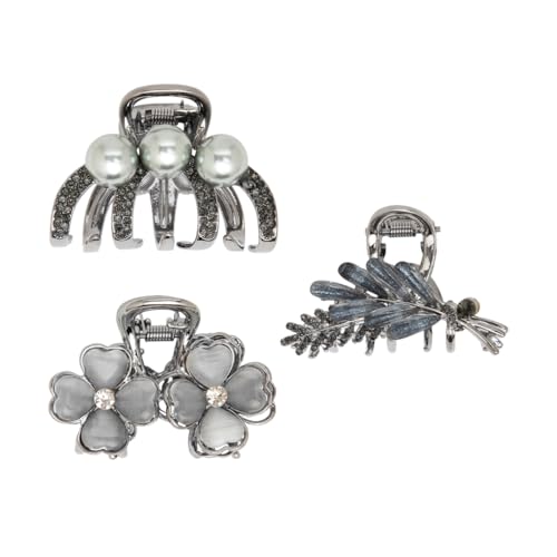 Image of Radhu & Kabby Hair Clips for Women | Stylish Mini Claw Clips | Elegant Floral, Pearl & Leaf Design Clutchers | Durable & Strong Grip | Metallic Grey Hair Accessories | Set of 3