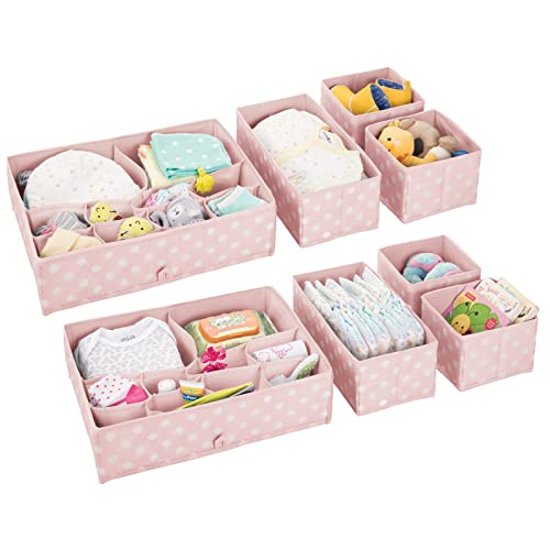Image of mDesign Fabric Drawer Organizer Bins, Kids/Baby Nursery Dresser, Closet, Shelf, Playroom Organization, Hold Clothes, Toys, Diapers, Bibs, Blankets, Set of 4, 2 Pack, Pink/White Polka Dot